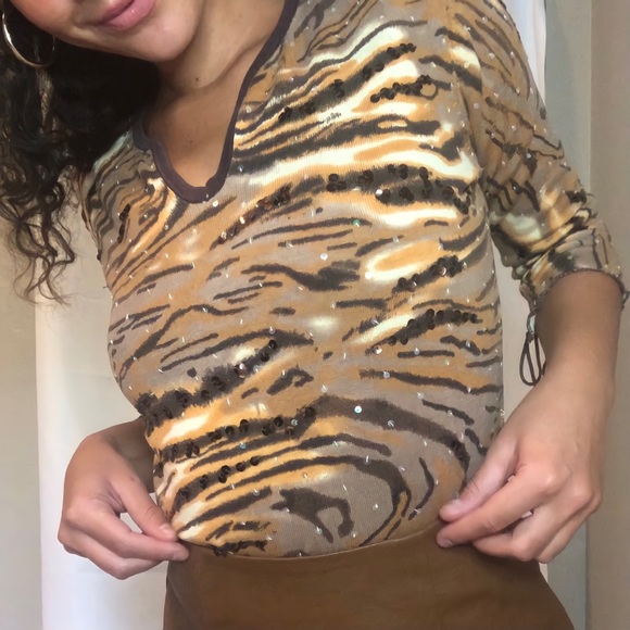 Vintage Joseph A. Knit Sequined Tiger Print Quarter Sleeve Blouse - Picture 1 of 6